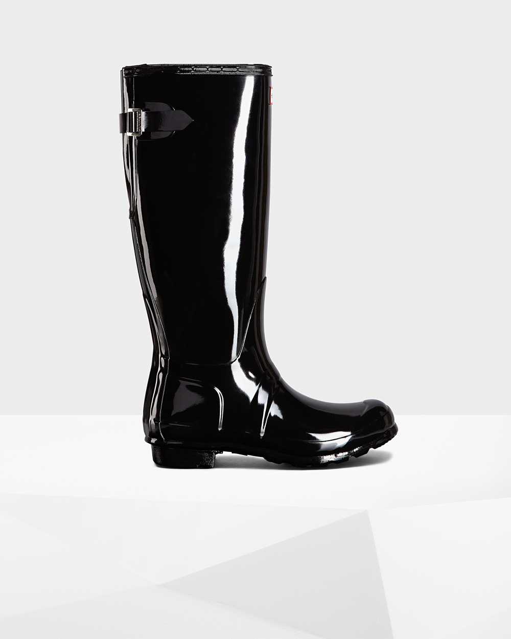 Botas De Agua Mujer - Hunter Original Tall Back Adjustable Gloss Negras - IQZUXM-426 - Negras